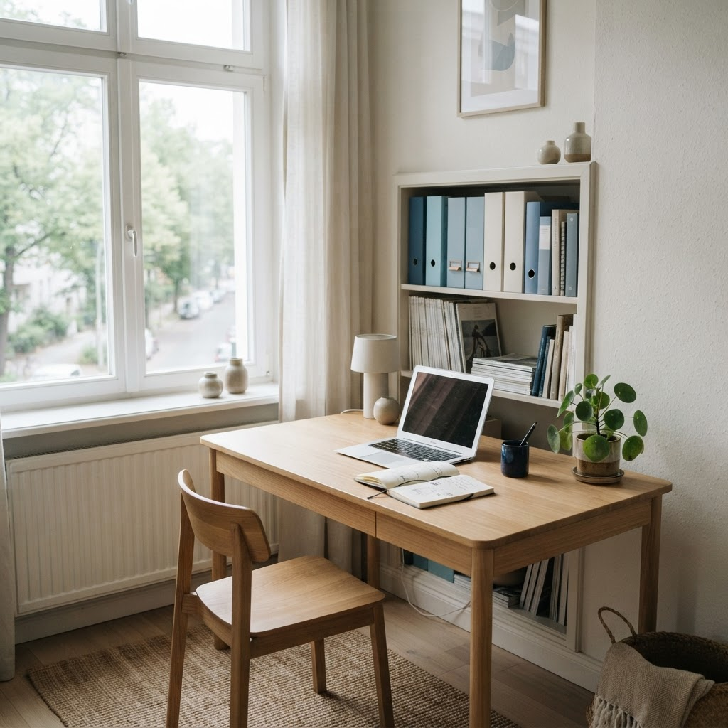 A calm, organized home study nook with a bookshelf, desk, laptop, and notebook