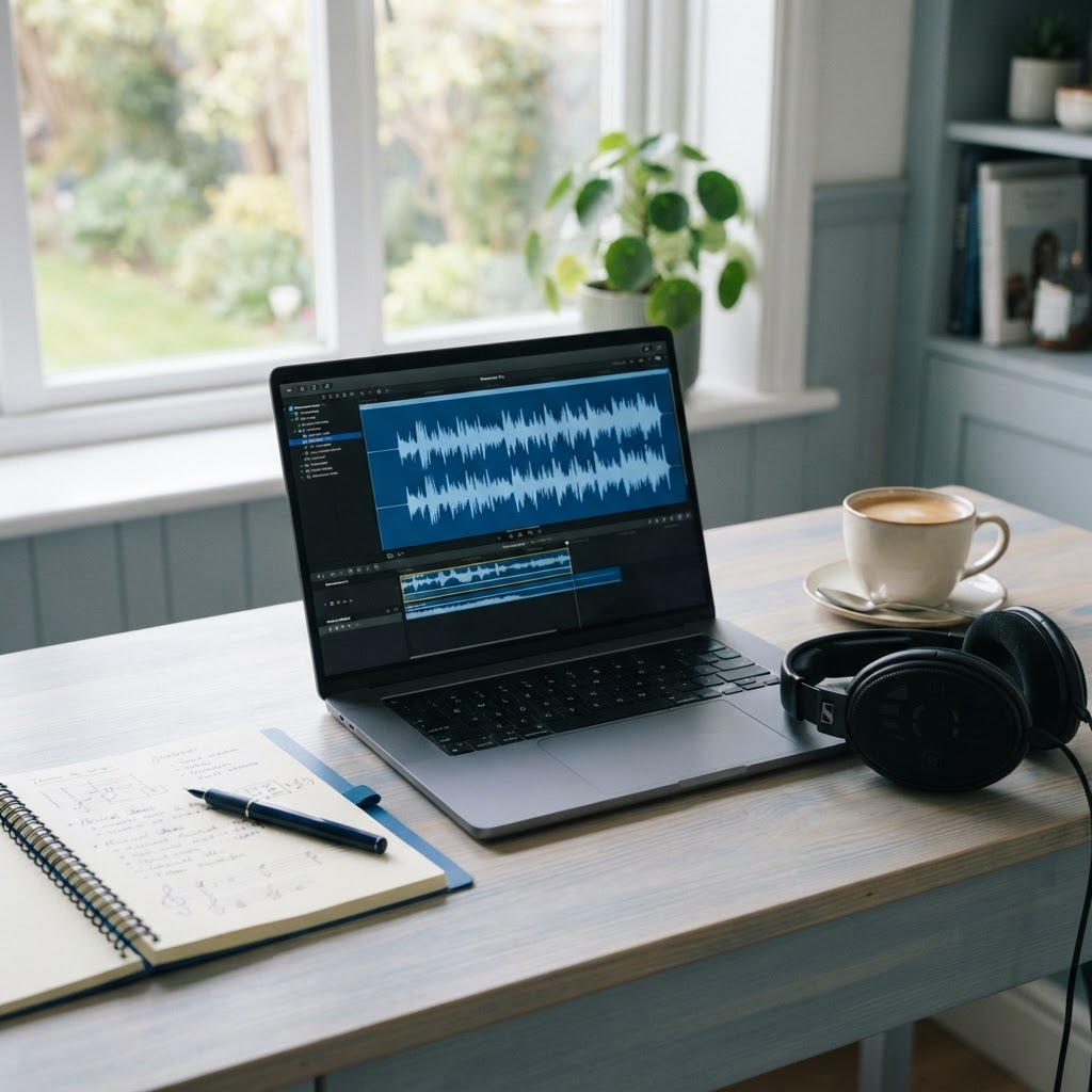 A tidy home desk with a laptop showing an audio editing timeline, headphones, and a handwritten notebook