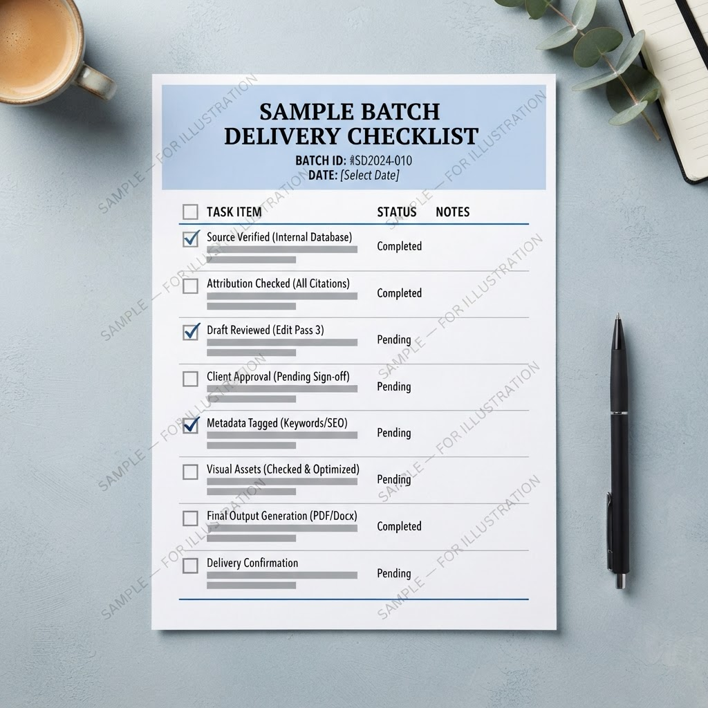 Sample batch delivery checklist worksheet, labeled as an illustration for course practice