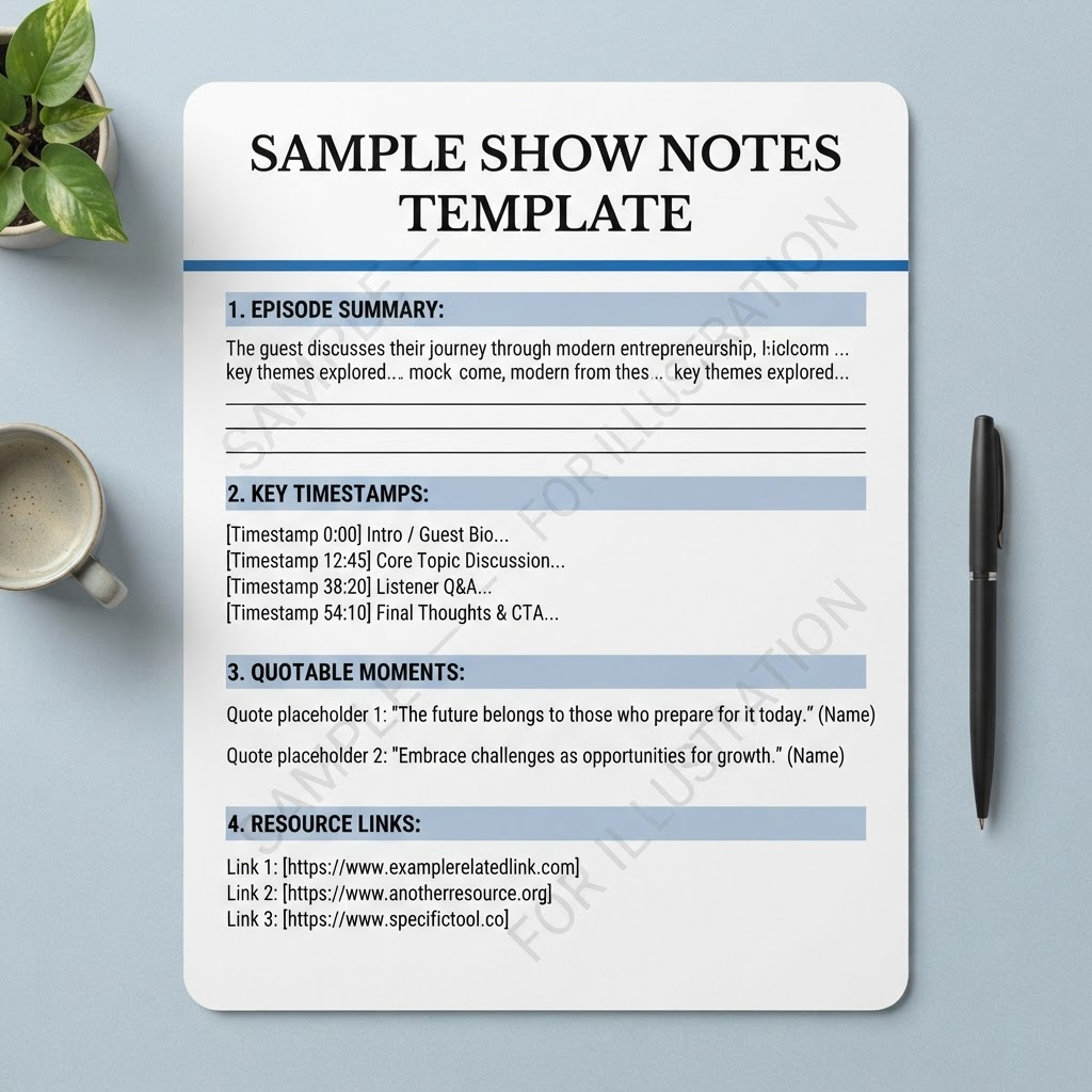 Sample show notes template worksheet, labeled as an illustration for course practice